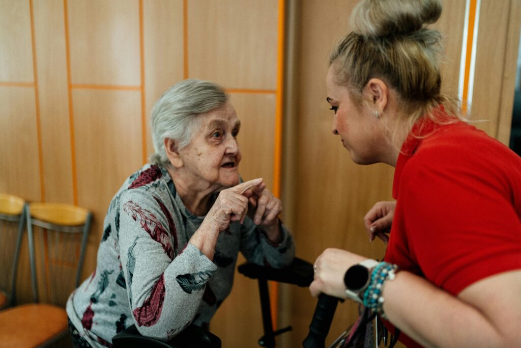 elderly care support caregiver garden talking